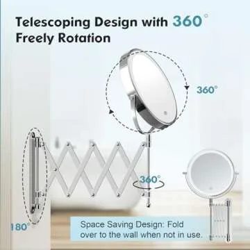 Rechargeable Wall Mounted Makeup Mirror - 8 Inch Double Sided 1X/10X Magnifying Mirror with 3 Color Lights Dimmable Touch Screen, 360°Swivel 19.6 Inch Extendable Accordion Bathroom Mirror - Chrome