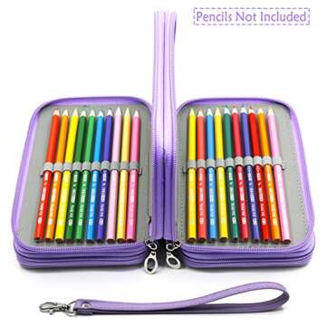 YOUSHARES 72 Slots Pencil Case - PU Leather Handy Multi-layer Large Zipper Pen Bag with Handle Strap for Colored/Watercolor Pencil (Purple)