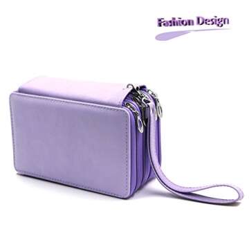 YOUSHARES 72 Slots Pencil Case - PU Leather Handy Multi-layer Large Zipper Pen Bag with Handle Strap for Colored/Watercolor Pencil (Purple)