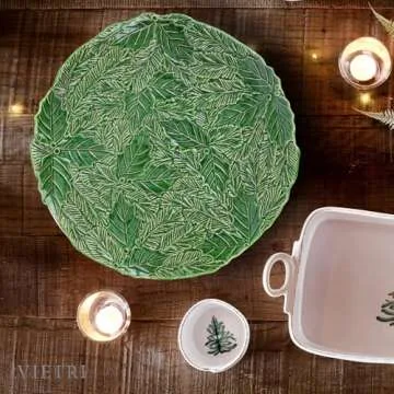 Vietri Lastra Holiday Green Figural Round Platter, Artisan Collectible Ceramic Christmas Dish, 14.5"