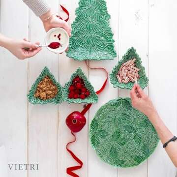 Vietri Lastra Holiday Green Figural Round Platter, Artisan Collectible Ceramic Christmas Dish, 14.5"