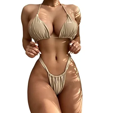 SheIn Women's Sexy Ruched Triangle Bikini with Thong - Khaki