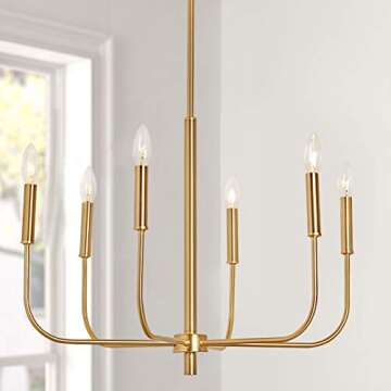 MOTINI 6 Lights Brushed Brass Chandelier Lighting Fixture for Dining Room Adjustable Height Metal Pe...
