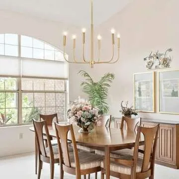 MOTINI 6 Lights Brushed Brass Chandelier Lighting Fixture for Dining Room Adjustable Height Metal Pendant Light Modern Farmhouse Chandelier for Bedroom Living Room Kitchen Island Foyer