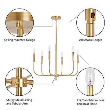 MOTINI 6 Lights Brushed Brass Chandelier Lighting Fixture for Dining Room Adjustable Height Metal Pendant Light Modern Farmhouse Chandelier for Bedroom Living Room Kitchen Island Foyer