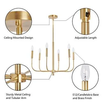 MOTINI 6 Lights Brushed Brass Chandelier Lighting Fixture for Dining Room Adjustable Height Metal Pendant Light Modern Farmhouse Chandelier for Bedroom Living Room Kitchen Island Foyer