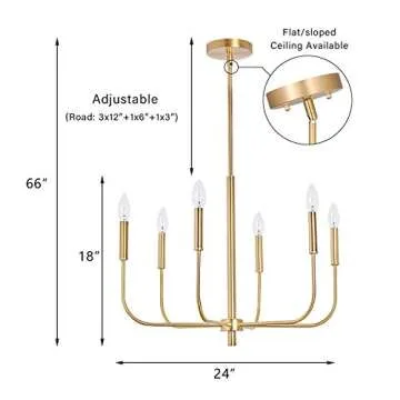 MOTINI 6 Lights Brushed Brass Chandelier Lighting Fixture for Dining Room Adjustable Height Metal Pendant Light Modern Farmhouse Chandelier for Bedroom Living Room Kitchen Island Foyer