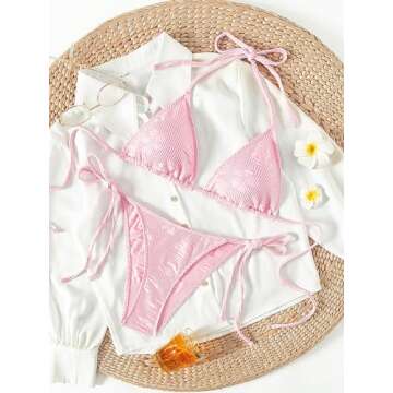 SOLY HUX Women's Swimsuits 2 Piece High Waisted Bikini Sets Bathing Suit Sexy Tie Side Halter Triangle Bikini Solid Pink Small