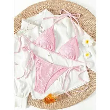 SOLY HUX Women's Swimsuits 2 Piece High Waisted Bikini Sets Bathing Suit Sexy Tie Side Halter Triangle Bikini Solid Pink Small