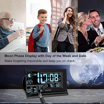 DreamSky Alarm Clocks for Bedrooms with Battery Backup, Auto Set Digital Clock with Date and Day of Week, Indoor Temperature Humidity, Moon Phase, Dimmer, Auto DST, USB Port