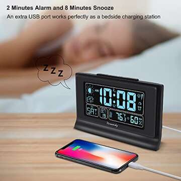 DreamSky Alarm Clocks for Bedrooms with Battery Backup, Auto Set Digital Clock with Date and Day of Week, Indoor Temperature Humidity, Moon Phase, Dimmer, Auto DST, USB Port