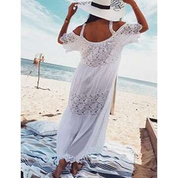 Bsubseach Women White Sexy Cold Shoulder Strap Long Beach Dress Half Sleeve Beachwear Bathing Suit Cover Up