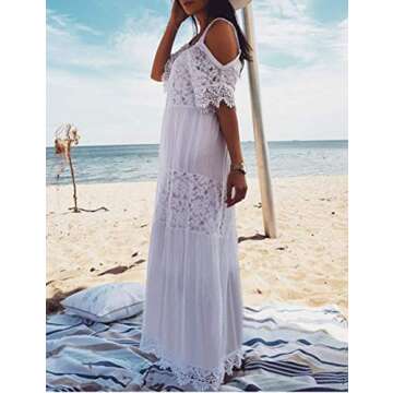 Bsubseach Women White Sexy Cold Shoulder Strap Long Beach Dress Half Sleeve Beachwear Bathing Suit Cover Up