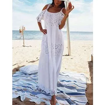 Bsubseach Women White Sexy Cold Shoulder Strap Long Beach Dress Half Sleeve Beachwear Bathing Suit Cover Up