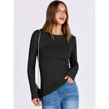 ANRABESS Women Long Sleeve Crewneck Rib Knit Slim Fit Shirts Basic Tee Tops 2025 Casual T-Shirt Going Out Workout Outfits Black Large