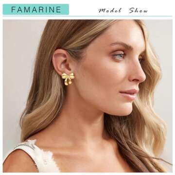 FAMARINE Gold Bow Earrings for Women Cute Bow Stud Earrings Small Stud Earrings Gold Earrings
