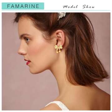FAMARINE Gold Bow Earrings for Women Cute Bow Stud Earrings Small Stud Earrings Gold Earrings