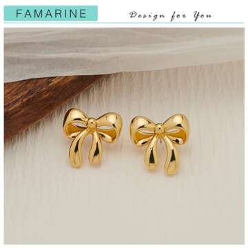 FAMARINE Gold Bow Earrings for Women Cute Bow Stud Earrings Small Stud Earrings Gold Earrings