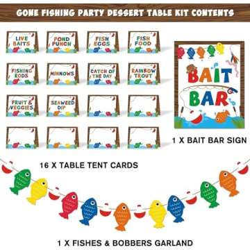 Yaaaaasss! Gone Fishing Bait Bar Bobber Dessert Food Buffet Decoration-Fishing Banner Food Labels The Big One Dessert Table Birthday Party Favor Ideas Supplies Set of 18