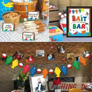 Yaaaaasss! Gone Fishing Bait Bar Bobber Dessert Food Buffet Decoration-Fishing Banner Food Labels The Big One Dessert Table Birthday Party Favor Ideas Supplies Set of 18