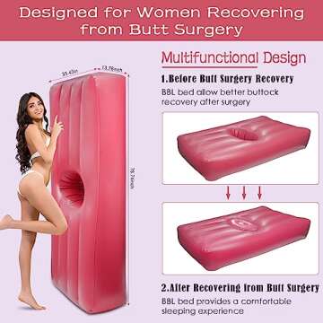 JAZORR PVC BBL Post Surgery Supplies, BBL Bed with Hole After Surgery, Brazilian Butt Lift Recovery Pillow After Surgery, Inflatable Mattress Bed with Repair Adhesive (Pink)