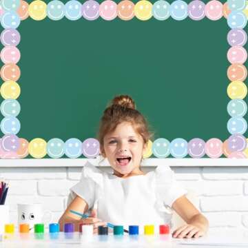 AnyDesign 32.8Ft Preppy Happy Face Bulletin Board Border Pastel Smile Face Die Cut Trim Border Roll for Classroom Chalkboard School