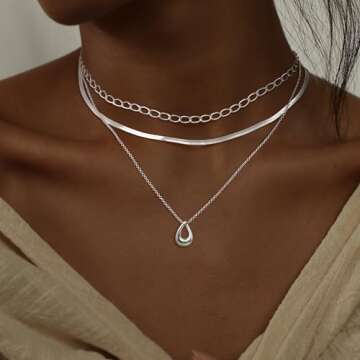 NECOCY Layered Silver Necklaces for Women Dainty Trendy Stack Layering Sliver Plated Herringbone Choker Necklace Set for Women Non Tarnish Paperclip Snake Chain Pendant Necklace Jewelry for Women