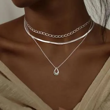 NECOCY Layered Silver Necklaces for Women Dainty Trendy Stack Layering Sliver Plated Herringbone Choker Necklace Set for Women Non Tarnish Paperclip Snake Chain Pendant Necklace Jewelry for Women