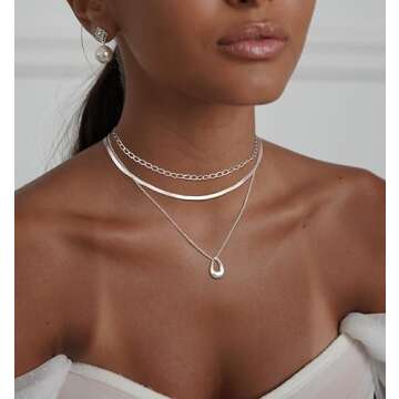 NECOCY Layered Silver Necklaces for Women Dainty Trendy Stack Layering Sliver Plated Herringbone Choker Necklace Set for Women Non Tarnish Paperclip Snake Chain Pendant Necklace Jewelry for Women