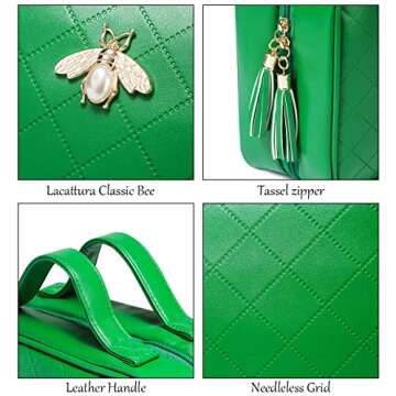 LACATTURA Hanging Toiletry Bag for Women, Leather Travel Makeup Bag, Large Cosmetic Organizer, 4 Layers Portable Waterproof Hygiene Bag, Bathroom Organizer for Shampoo, Make up, Personal Item, Green