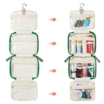 LACATTURA Hanging Toiletry Bag for Women, Leather Travel Makeup Bag, Large Cosmetic Organizer, 4 Layers Portable Waterproof Hygiene Bag, Bathroom Organizer for Shampoo, Make up, Personal Item, Green