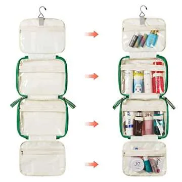 LACATTURA Hanging Toiletry Bag for Women, Leather Travel Makeup Bag, Large Cosmetic Organizer, 4 Layers Portable Waterproof Hygiene Bag, Bathroom Organizer for Shampoo, Make up, Personal Item, Green