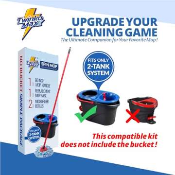 Twinko Max Spin Mop Replacement Kit without Bucket, Compatible with O-Cedar RinseClean 2-Tank System Triangle Microfiber Spin Mop, 60" Combination Handle, 2 Microfiber Mop Head Refills, 1 Mop Base.