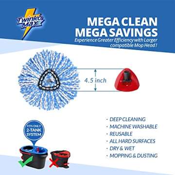 Twinko Max Spin Mop Replacement Kit without Bucket, Compatible with O-Cedar RinseClean 2-Tank System Triangle Microfiber Spin Mop, 60" Combination Handle, 2 Microfiber Mop Head Refills, 1 Mop Base.