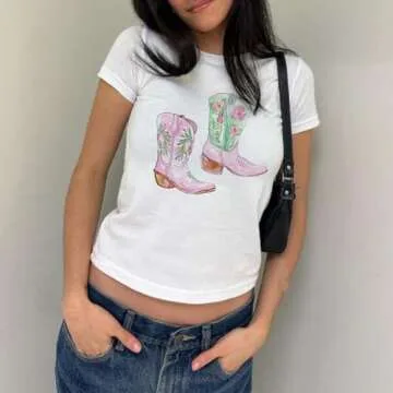 Y2K Women Short Sleeve Baby Tees Slim Fit Aesthetic Vintage Tops Casual Summer T-Shirts