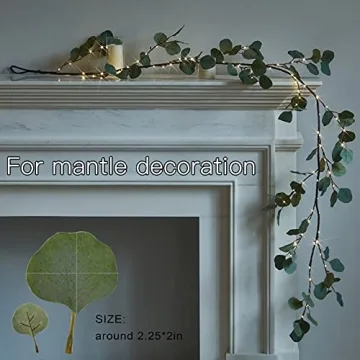 Fudios Lighted Twig Eucalyptus Garland 6FT 96 Warm White LED Battery Operated with Timer for Mantle Fireplace Wedding Party Spring Bedroom Decoration Indoor Outdoor Use