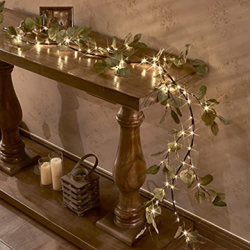 Fudios Lighted Twig Eucalyptus Garland 6FT 96 Warm White LED Battery Operated with Timer for Mantle Fireplace Wedding Party Spring Bedroom Decoration Indoor Outdoor Use