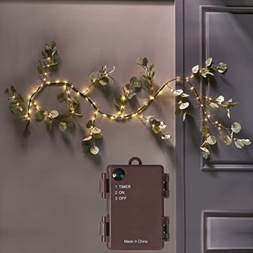 Fudios Lighted Twig Eucalyptus Garland 6FT 96 Warm White LED Battery Operated with Timer for Mantle Fireplace Wedding Party Spring Bedroom Decoration Indoor Outdoor Use