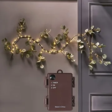 Fudios Lighted Twig Eucalyptus Garland 6FT 96 Warm White LED Battery Operated with Timer for Mantle Fireplace Wedding Party Spring Bedroom Decoration Indoor Outdoor Use