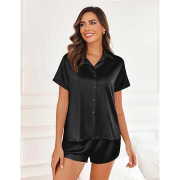 Ekouaer Women's Satin Pajama Set Silk Short Sleeve Button Down Loungewear Comfy Casual Pj Sets Black M