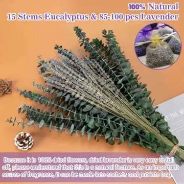 115 PCS Dried Eucalyptus Stems with Lavender Flowers Bundle for Shower, 17'' Natural Real Live Eucalyptus Leaves Branches Hanging Shower Plant for SPA Home Fragrance Bathroom Table Vase Decor