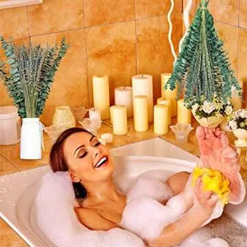 115 PCS Dried Eucalyptus Stems with Lavender Flowers Bundle for Shower, 17'' Natural Real Live Eucalyptus Leaves Branches Hanging Shower Plant for SPA Home Fragrance Bathroom Table Vase Decor