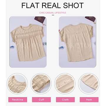 Dokotoo Women's Fashion Summer Short Sleeve Tops Round Neck Crochet Lace Hem Basic Tee Shirts Flowy Pom Pom Chiffon Blouses Babydoll Boho Clothing for Women Small Apricot