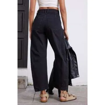 GREAIDEA Mid Rise Barrel Jeans for Women - Stylish Wide Leg Denim Pants