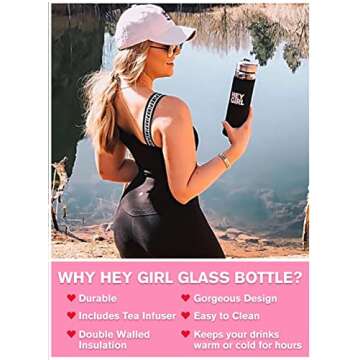 Hey girl Glass Water Bottle Tea Infuser - 14oz Insulated Glass Bottles with Tea Steeper & Silicone Sleeve for Loose Leaf Tea & Infused Fruit - Travel Tea Brewer Tumbler Mug - Gifts for Tea Drinkers