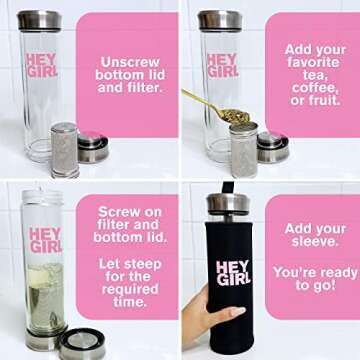 Hey girl Glass Water Bottle Tea Infuser - 14oz Insulated Glass Bottles with Tea Steeper & Silicone Sleeve for Loose Leaf Tea & Infused Fruit - Travel Tea Brewer Tumbler Mug - Gifts for Tea Drinkers