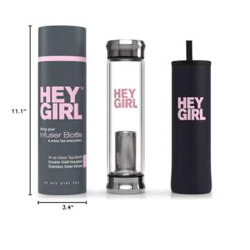 Hey girl Glass Water Bottle Tea Infuser - 14oz Insulated Glass Bottles with Tea Steeper & Silicone Sleeve for Loose Leaf Tea & Infused Fruit - Travel Tea Brewer Tumbler Mug - Gifts for Tea Drinkers