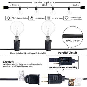 SUNSGNE 50ft Outdoor Globe String Lights G40 Patio String Lights with 53 Bulbs Connectable Commercia...