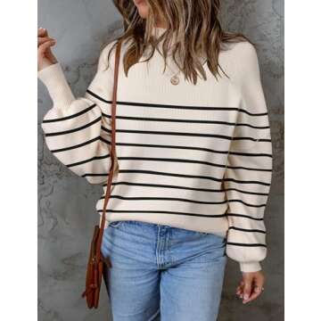 ZESICA Women's 2024 Fall Fashion Turtleneck Long Sleeve Striped Ribbed Knit Loose Pullover Sweater T...