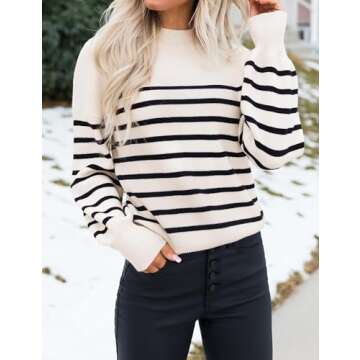 ZESICA Women's 2024 Fall Fashion Turtleneck Long Sleeve Striped Ribbed Knit Loose Pullover Sweater Tops,Apricot,Small